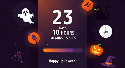 Halloween countdown timer showing 23 days, 10 hours, 30 minutes, and 15 seconds until Halloween, featuring ghosts, pumpkins, spiders, and a black cat.