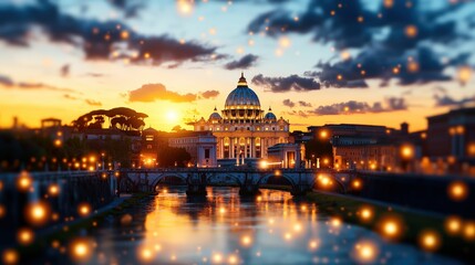 Fototapeta premium Scenic view of St. Peter's Basilica du sunset with illuminated cityscape and river reflections in Rome Italy