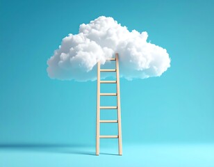 Wooden ladder reaching up to a fluffy cloud
