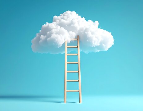 Wooden ladder reaching up to a fluffy cloud