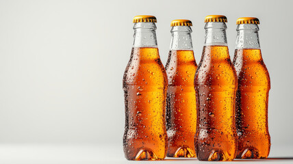 Four glass soda bottles with amber liquid and condensation.