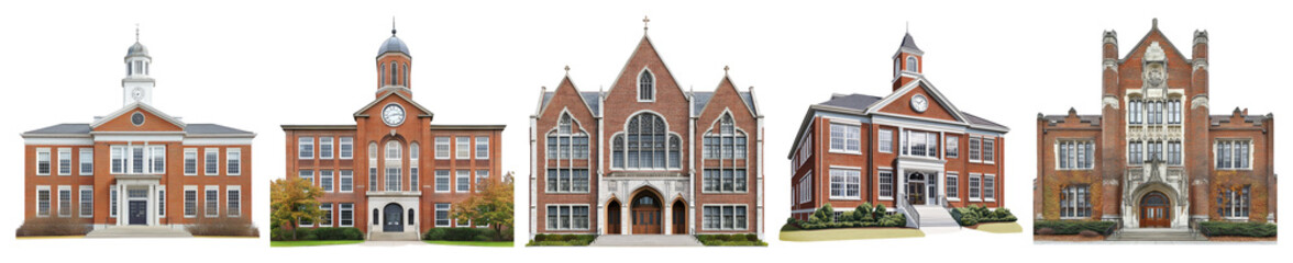 Naklejka premium Architectural Evolution of Educational Buildings Across Time, PNG bundle collection, Isolated on Transparent Background