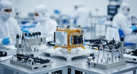 Specialized tools and cleanroom equipment arranged neatly around satellite payload undergoing assembly in a commercial facility.