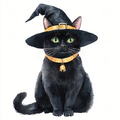 Adorable Black Cat Wearing Witch s Hat and Bell Halloween Pet Watercolor Illustration