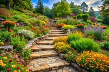 Stone stairway ascends through a lush vibrant garden in autumn