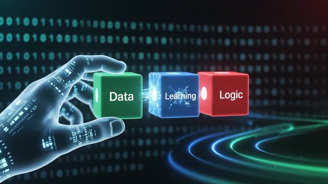 Futuristic Hand Interacting with Colorful Data Learning Logic Cubes Against Digital Background