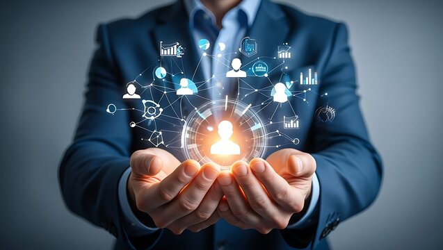 Business professional holding a glowing sphere with connected icons symbolizing networking and communication in the digital age showcasing innovation and technology leadership