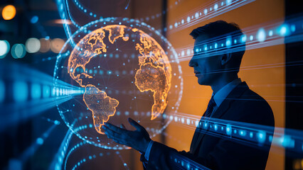 Man in suit with digital earth globe and data streams overlayed on image view
