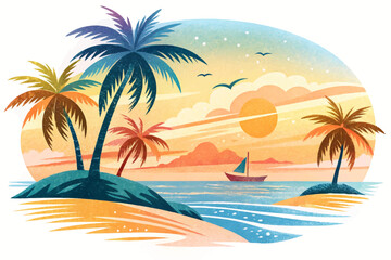 Serene tropical beach at dawn featuring gentle waves, leaning palm trees, and a distant fishing boat. Perfect tranquil coastal scene for summer travel themes