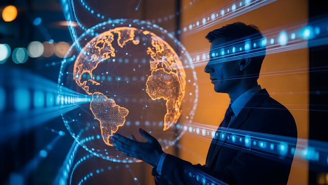 Man in suit with digital earth globe and data streams overlayed on image view - Powered by Adobe