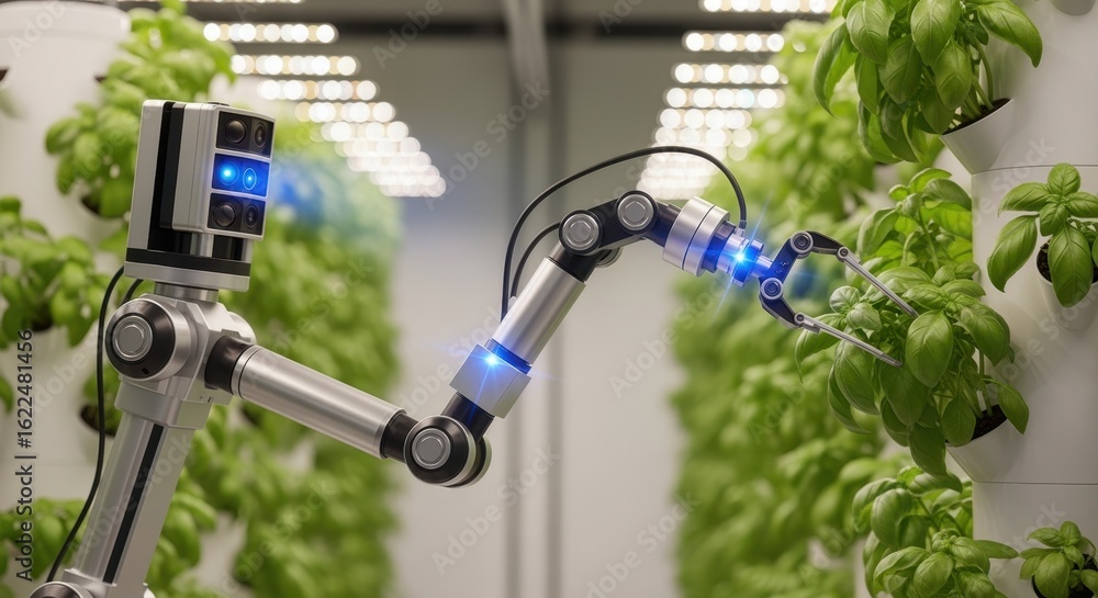 Poster sleek automated harvesting robot equipped with sensors assessing plant health while collecting fresh