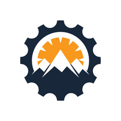 Dark blue gear with orange sun and white mountains inside on transparent background wheel 1