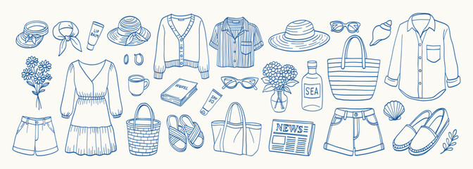 Coastal granddaughter set. A blue and white drawing of various clothing items and accessories. The drawing is of a fashion line and includes items such as hats, handbags, and shoes