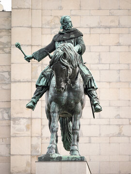 PRAGUE, CZECHIA - 1. October 2024: Jan Žižka statue on the V&iacute;tkov Hill in Prague. The third-largest bronze rider statue in a close-up. National Memorial on V&iacute;tkov Hill.