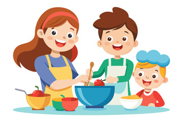 This wholesome cooking scene represents family bonding, learning, and home traditions. Ideal for educational content, parenting blogs, recipe books, and family-themed advertisements.
