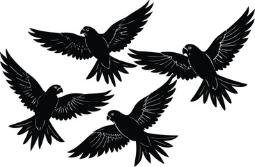 Obraz premium silhouette of four flying birds in motion with spread wings vector illustration