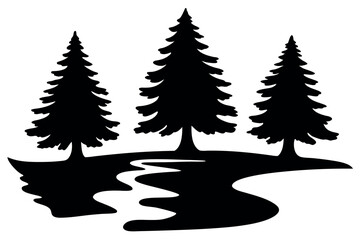 Fototapeta premium Three evergreen trees stand beside a meandering river silhouette on a white backdrop