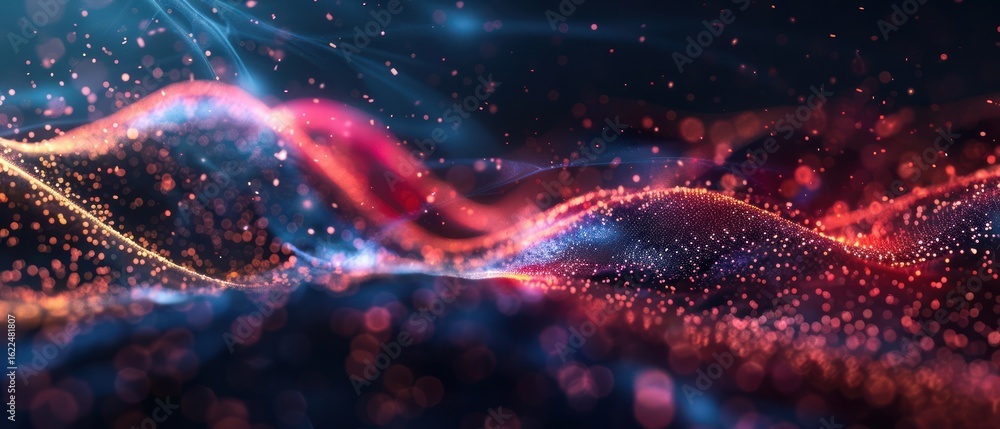 Poster dynamic particle systems swirling and flowing through space, with variations in size, color, and den