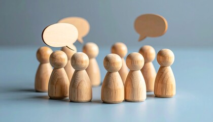 Wooden figures in a circle, speech bubbles above, symbolize communication and discussion
