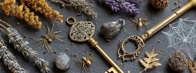 Vintage Keys and Spooky Webs: Halloween Flat Lay