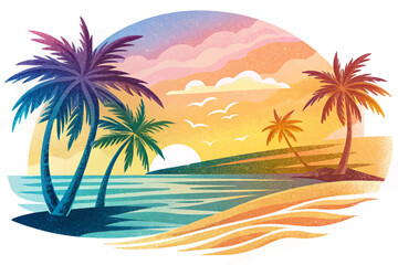 Fototapeta premium Serene tropical beach at dawn featuring gentle waves, leaning palm trees, and a distant fishing boat. Perfect tranquil coastal scene for summer travel themes