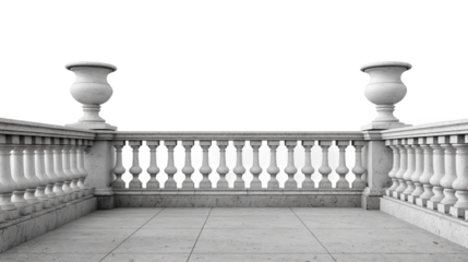A white marble balustrade with decorative urns stands on a stone terrace, showcasing classic architectural details.