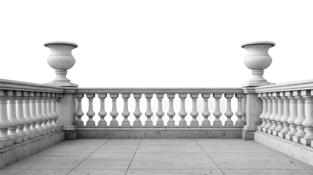 A white marble balustrade with decorative urns stands on a stone terrace, showcasing classic architectural details.