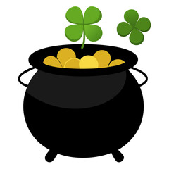 Black pot of gold coins with shamrock clover leaf vector on white background.