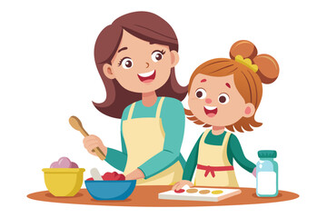 This wholesome cooking scene represents family bonding, learning, and home traditions. Ideal for educational content, parenting blogs, recipe books, and family-themed advertisements.
