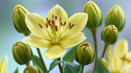 Obraz premium Yellow flower with buds green buds petals