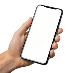 Human hand holding blank white screen smartphone mobile phone