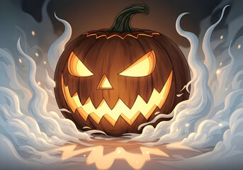 Naklejka premium Glowing jack-o'-lantern amidst swirling smoke, Halloween ambiance.