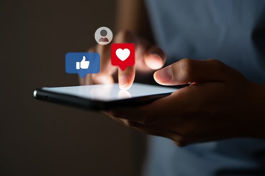 Close up of person using social media app on smartphone with like heart and profile icons for digital engagement