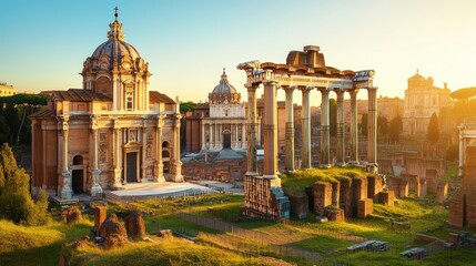 Majestic ancient Roman and Italian renaissance architectural ruins with domed churches and towe columns under a golden sunset sky