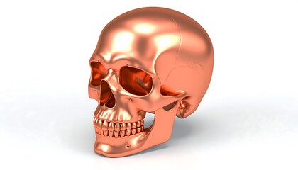 Gleaming rose gold human skull on pristine white backdrop, rendered for detailed presentation