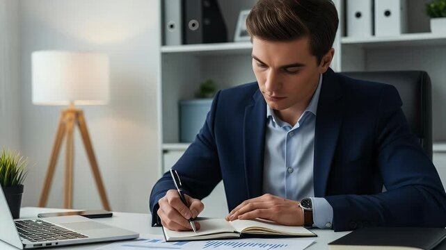 Businessman writing in notebook at desk