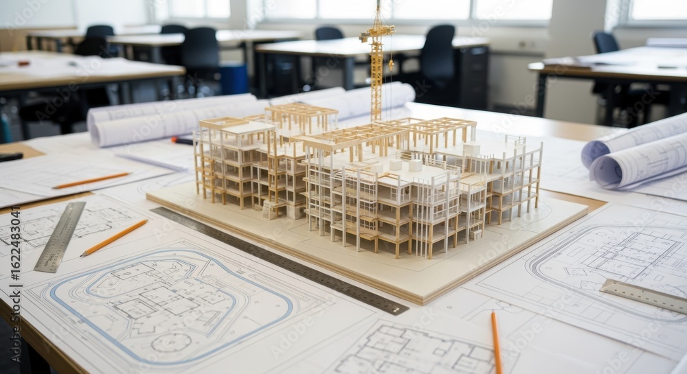 Poster detailed structural model aligned with site layout plans on construction project drafting table.