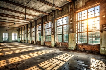 Sunlight streams through windows of an abandoned industrial warehouse