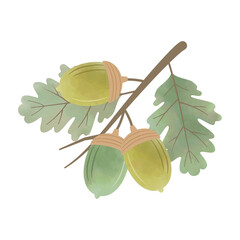 Watercolor Green Acorn on Branch with Leaves – Vector Illustration
