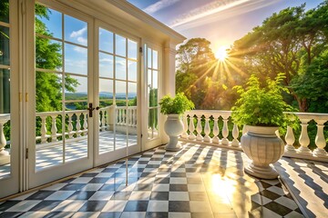 Sunlit conservatory balcony with classic balustrade and lush greenery