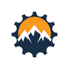 Dark blue gear with white mountain peaks and orange sun vector