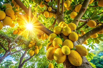Sunlit jackfruit tree laden with ripe yellow fruit in lush greenery