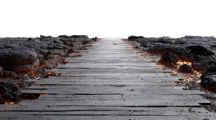 A wooden path surrounded by flowing lava in a dramatic volcanic landscape, showcasing nature's raw power and geothermal activity.
