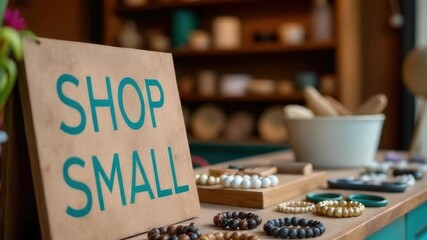 Sign on a table saying 'shop small', great for promoting local businesses or supporting small entrepreneurs