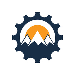 Dark blue gear with white mountains and orange sun inside on white background wheel