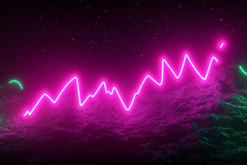 Neon pink and green lines outline a landscape of textured mountains.