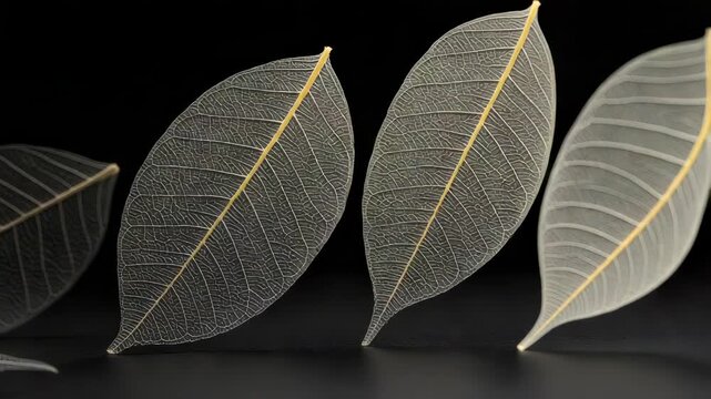 Elegant Skeletal Leaves with Golden Veins on Dark Background Botanical Structure
