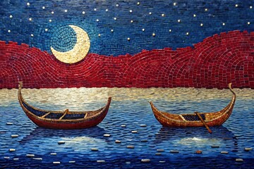 Two boats under a crescent moon and starry night sky