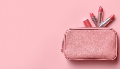 Pink makeup bag with lipsticks