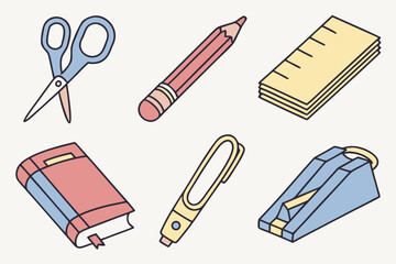 Collection of school supplies and stationery items isolated on white background